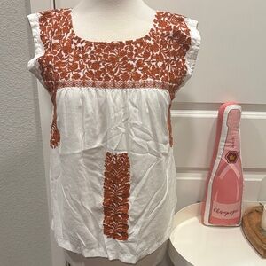 EUC White and Rust Embroidered Blouse